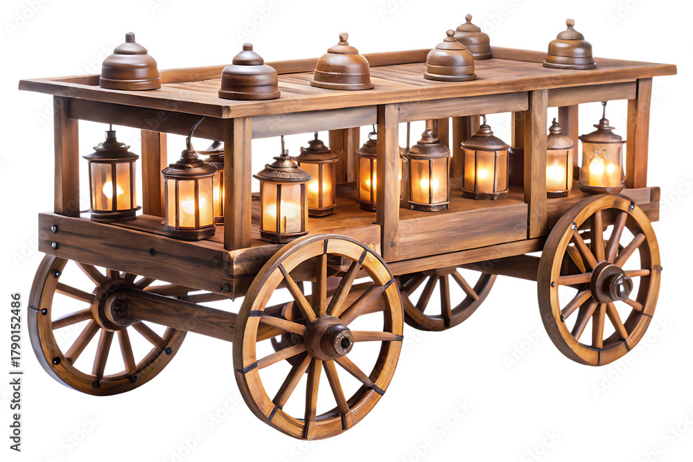 Fototapeta premium Antique wooden cart, with multiple glowing lanterns and decorative domes, cutout, PNG, isolated on white or transparent background, AI