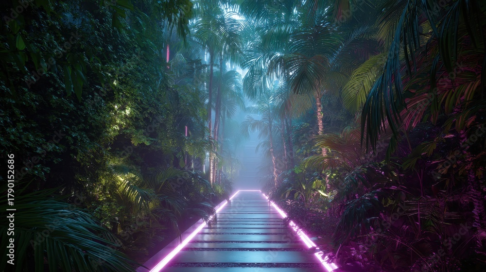 Fototapeta premium Pathway lined with glowing neon light leading through a mystical tropical jungle at night, abstract cyberpunk concept for digital art.