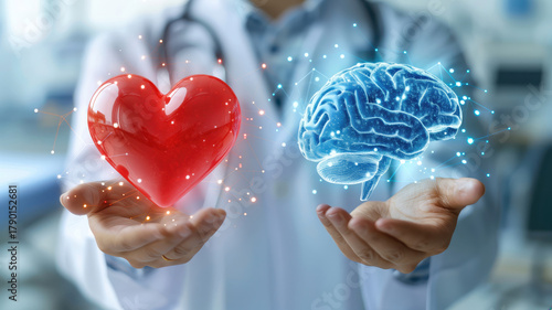 Doctor holding heart and brain, connecting health and emotion
