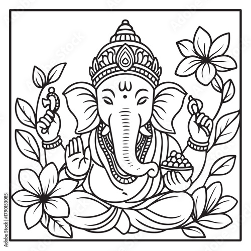  Ganesha Line Art with Flowers – Hindu Elephant Deity Coloring Page