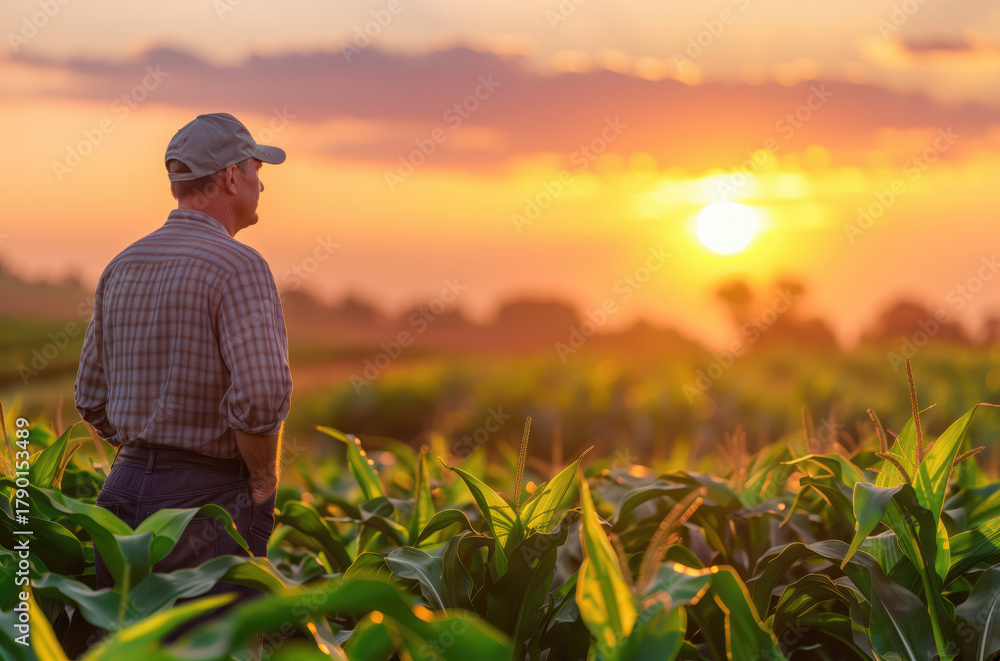 Fototapeta premium Farmer standing in cornfield contemplating sunset agriculture