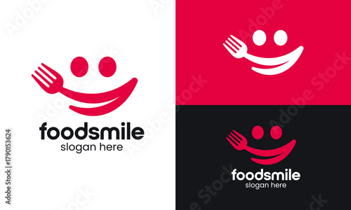 Smile food logo design. spoon fork vector design with smile graphic icon symbol. Delicious, tasty eating emoji face eat with mouth and tongue gourmet enjoying taste graphic logo design.