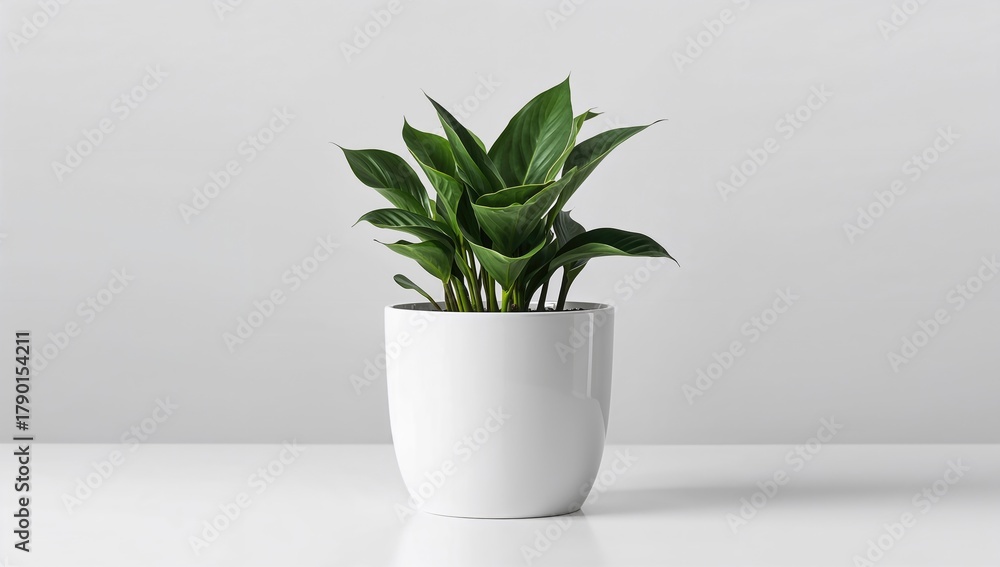 Fototapeta premium Single young zamioculcas with shiny green leaves in a white planter. Indoor potted plant isolated.