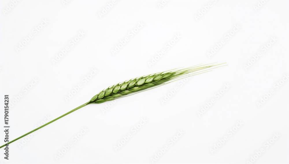 Naklejka premium Unripe green wheat on a white backdrop, representing agricultural growth, Earth Day