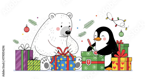 Cute polar bear and penguin happily wrapping christmas presents together surrounded by festive decorations and gifts
