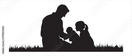a silhouette of a man and woman holding a baby