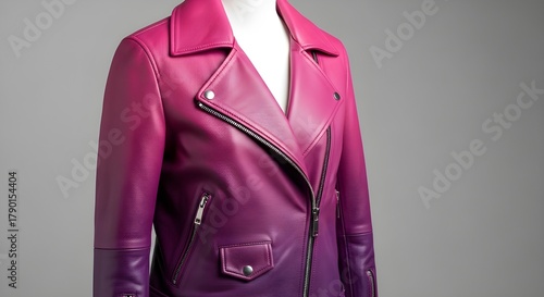 Close-Up of Purple and Pink Ombré Faux Leather Jacket, Gradient Color Effect, Fashion Detail

Contemporary Women's Outerwear,