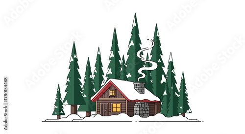 Cozy wooden cabin nestled in a snow covered evergreen forest with smoke rising from the chimney