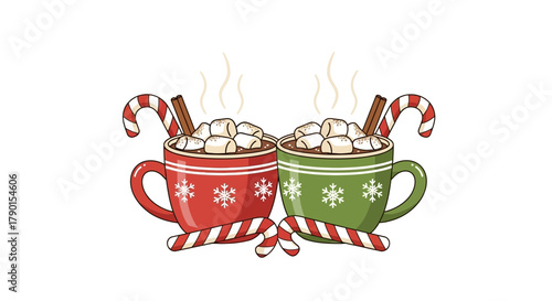 Two steaming mugs of hot chocolate topped with marshmallows and cinnamon sticks with candy canes on a white background