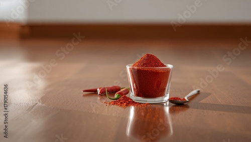 Fototapeta Naklejka Na Ścianę i Meble -  A cup filled with cayenne pepper on a hardwood floor, potential spice for culinary dishes