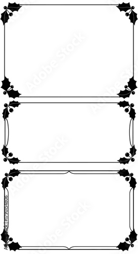 A versatile collection of three elegant black and white rectangular frames, featuring festive holly leaf and berry corner designs, ideal for holiday cards.
