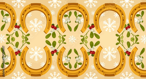A delightful festive winter border pattern showcasing golden horseshoes, delicate mistletoe, vibrant berries, and elegant snowflakes on a warm backdrop.
