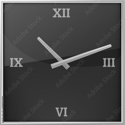 Modern black square clock showing roman numerals