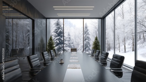 Fototapeta Naklejka Na Ścianę i Meble -  Modern conference room with large window overlooking snowy winter forest landscape for business meeting and corporate retreat.