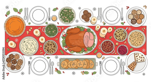 Overhead view of a festive holiday dinner table set with a roasted turkey side dishes plates and candles