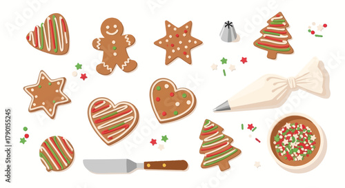 Festive christmas gingerbread cookies in various shapes with icing and baking tools for holiday decorating