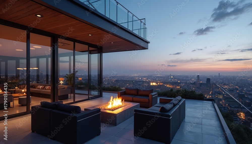 Obraz premium Modern rooftop terrace with fire pit and city view. Black sofas arranged around a fire table. Luxury penthouse lounge with panoramic city lights. Elegant outdoor space for relaxation.