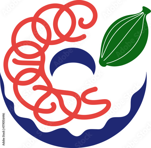 Vibrant abstract design with red swirls, blue crescent, and green pod symbolizing growth and nature