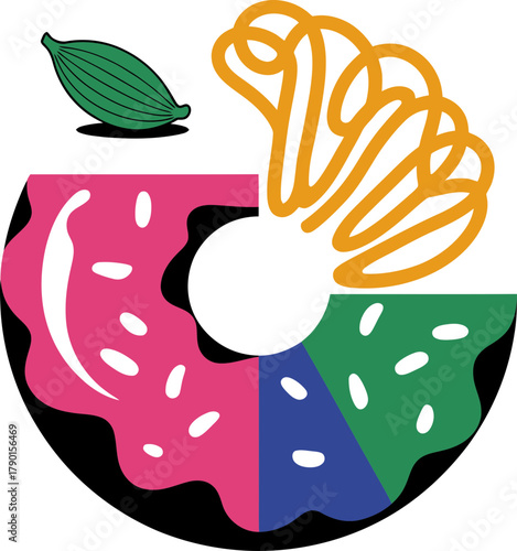 Vibrant abstract donut with cardamom pod and modern colorful design elements