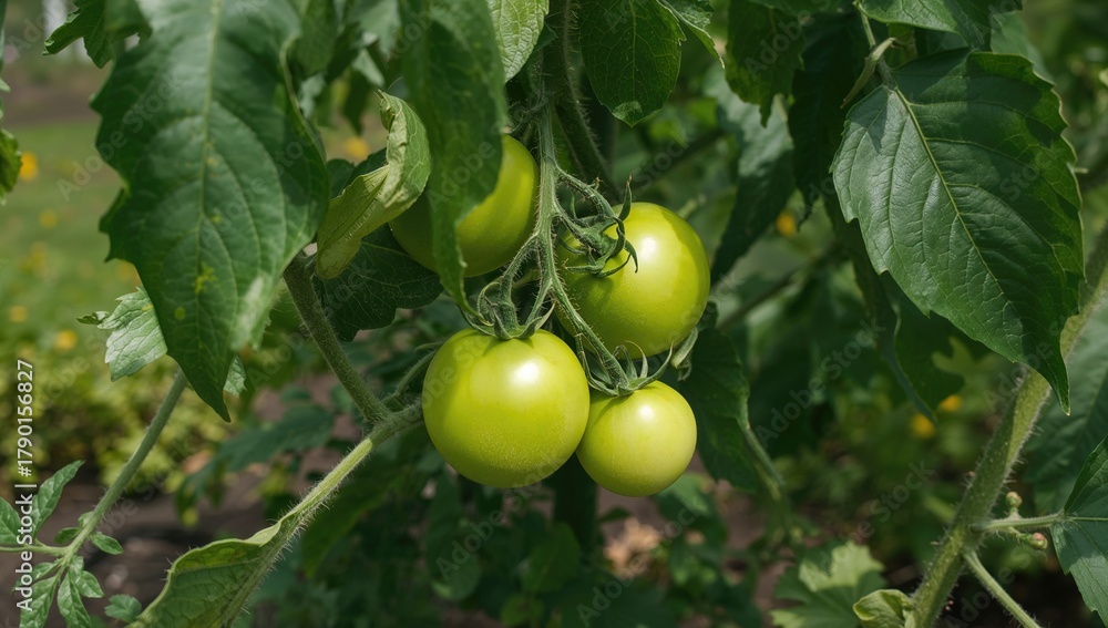 Fototapeta premium Green tomatoes growing on the bush, a beneficial source of nutrients