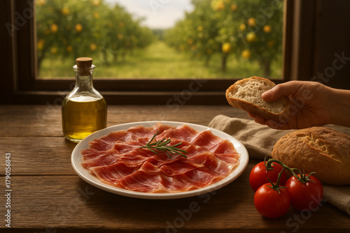 Iberian ham on a plate on a rustic table, with a slice of bread in hand.