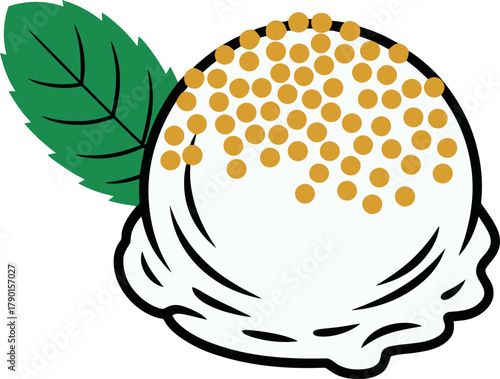 Refreshing scoop of vanilla ice cream with gold sprinkles and a mint leaf garnish