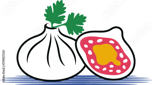 Delicious steaming dumpling with fresh herb garnish, perfect for food blogs and menus