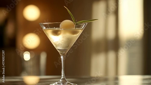 A savory cocktail served in a martini glass. The drink is garnished with a melon ball and a sprig of rosemary. Soft lighting enhances the elegant presentation.
