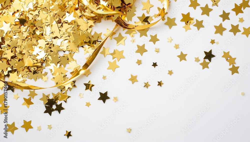 Naklejka premium Bright star-shaped confetti scattered on a white surface, ideal for festive decorations