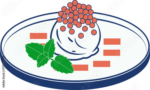 Elegant appetizer featuring red caviar, mint, and orange accents on a white plate