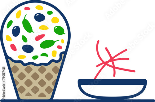 Whimsical ice cream cone filled with colorful toppings beside a creative red garnish