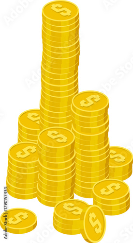 Growing stacks of gold dollar coins representing wealth