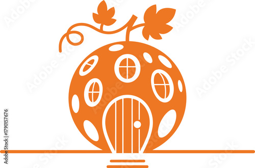 Whimsical pumpkin house with charming windows and leafy vine details