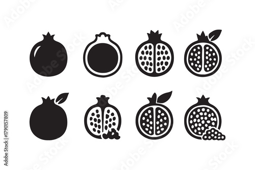 Various Pomegranate Silhouettes and Cut Fruit Icons