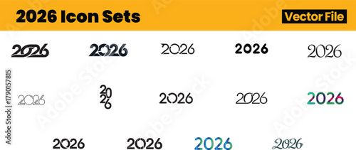 Stylized 2026 Icon Collection Featuring Fifteen Unique Typography Designs Arranged in a Clean Three-Row Grid Layout with an Orange Header and Vector File Label