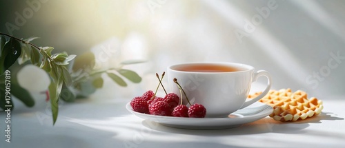 Fototapeta Naklejka Na Ścianę i Meble -  Elegant Tea Cup with Cinnamon and White Cherries