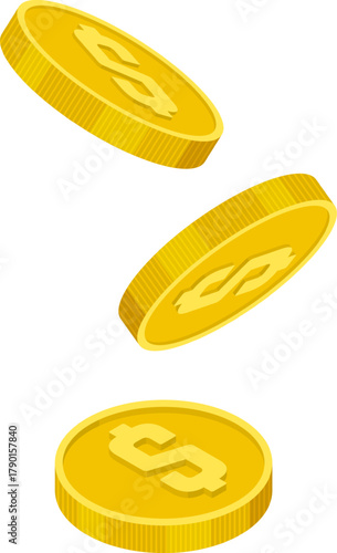 Golden dollar coins dropping representing finance concept