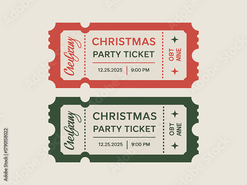 Vintage christmas party tickets, red and green event entry pass