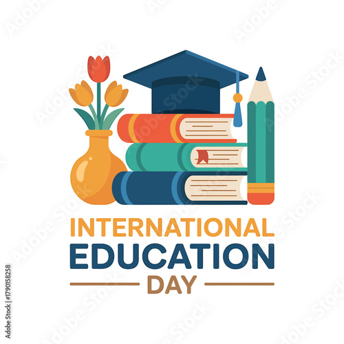 International education day banner with graduation cap books