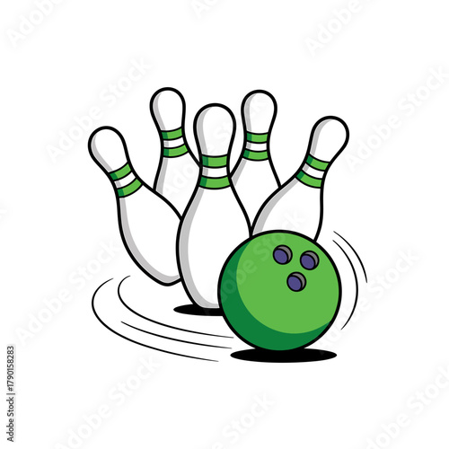 Classic bowling game scene with green ball striking white pins