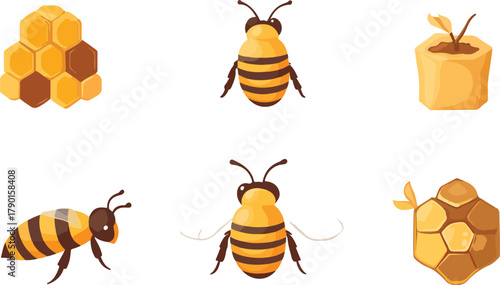 Cute cartoon bumblebee flying with happy wings over a honeycomb hive