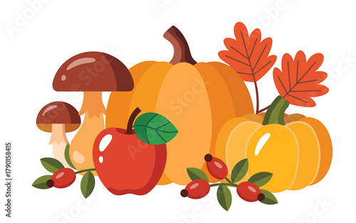 Autumn harvest bounty with pumpkins, mushrooms, apple, and fall leaves.