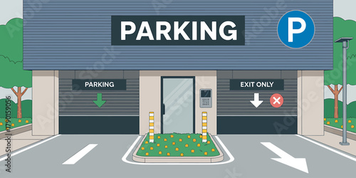 Parking lot entrance and exit with guidance signs illustration