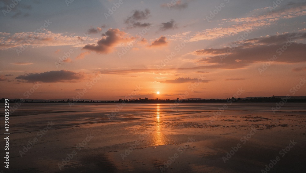 Naklejka premium Serene view of a sunrise over calm water, emphasizing tranquility and natural beauty