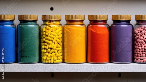 Jars of colorful powders and pills arranged in a rainbow gradient.