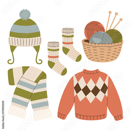 Warm winter clothing accessories and cozy knitting craft supplies