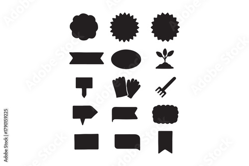 Black Silhouette Icon Set Badges, Labels, and Garden Tools