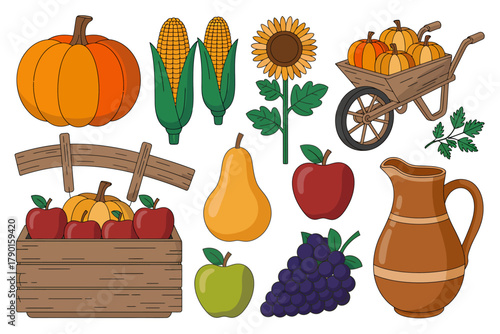 Farm fresh autumn harvest: pumpkins, corn, apples, grapes and more