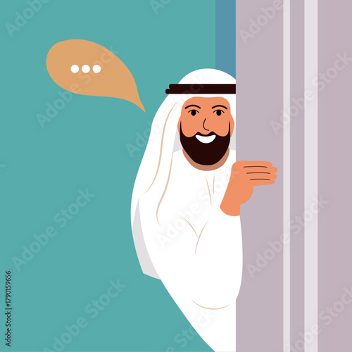 Arab muslim man  Happy person looking from behind door. Man peeping, watching and spying on someone.Vector illustration