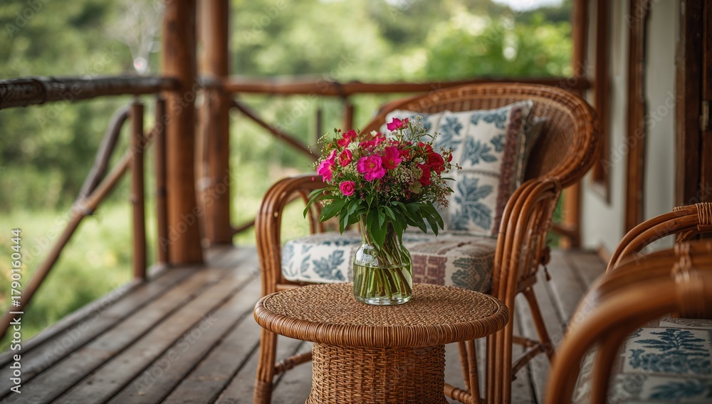 Obraz premium Rattan chair and table adorned with flowers on a wooden patio, highlighting outdoor relaxation